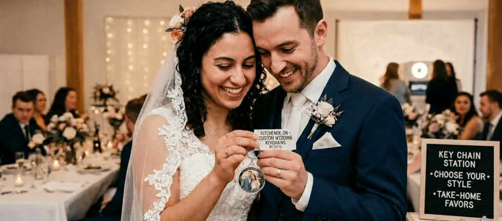 Custom photo keychain favor produced on-site at a Zattu Photo Booth event in Kitchener