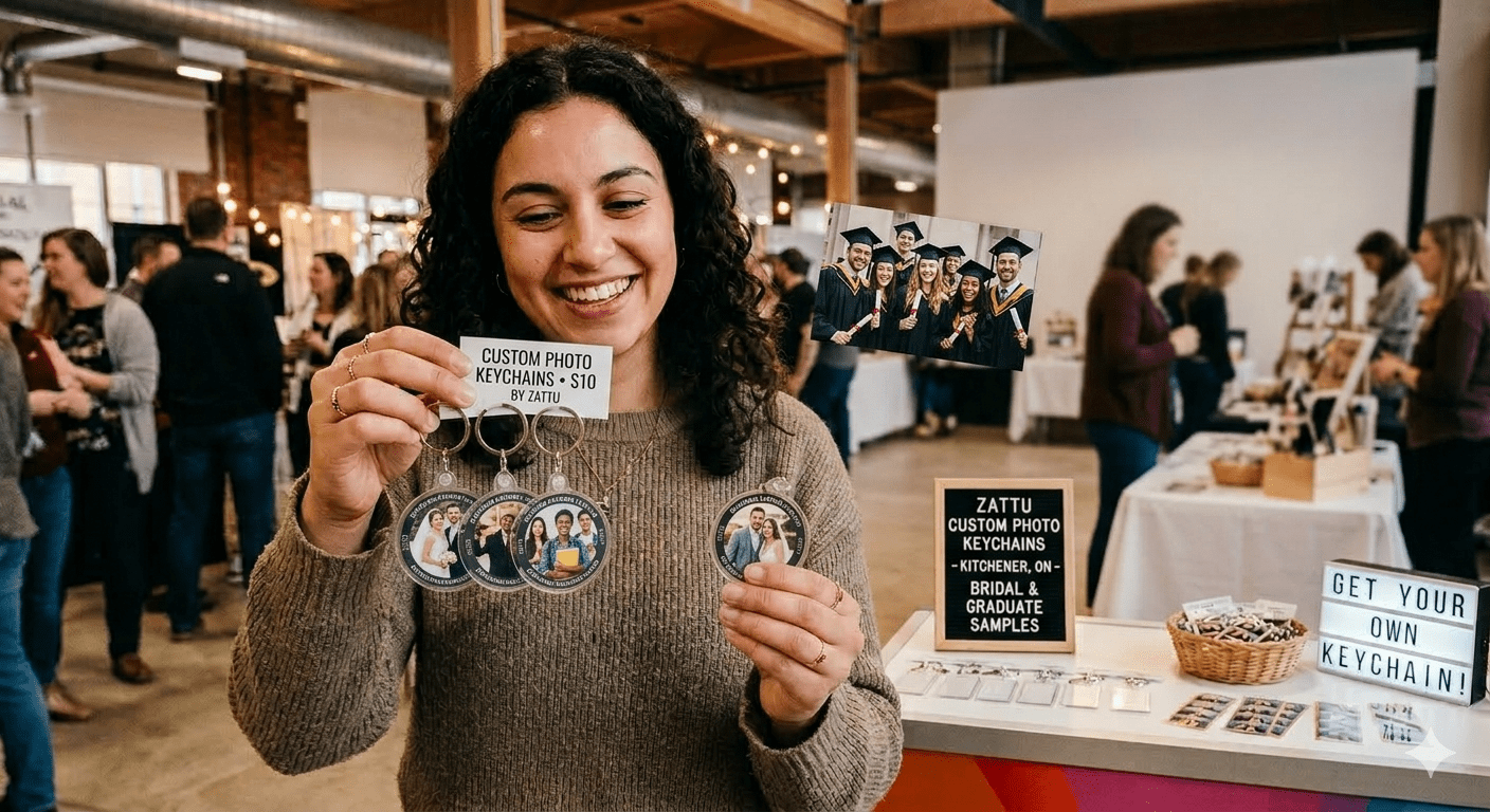 Custom photo keychain favor produced on-site at a Zattu Photo Booth event in Waterloo
