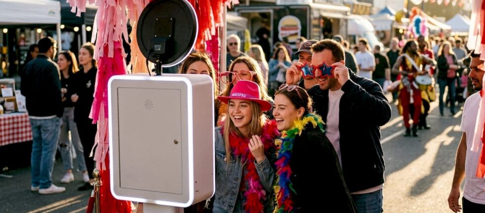 Guests taking photos at outdoor photo booth