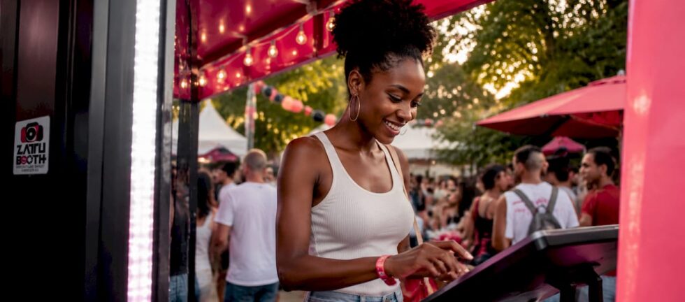 Woman using AI photo booth at event