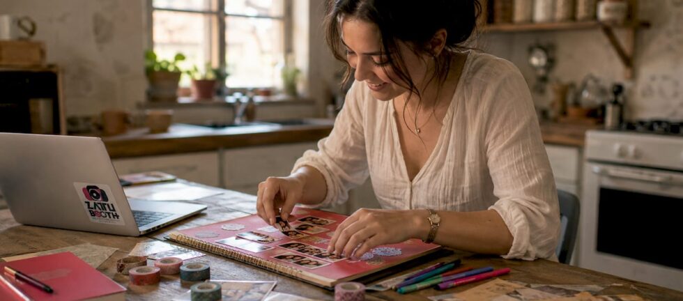 Woman arranging custom wedding photo booth prints in scrapbook