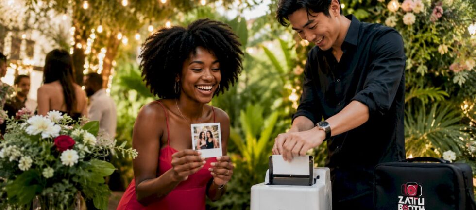Guests enjoying instant photo printing at party