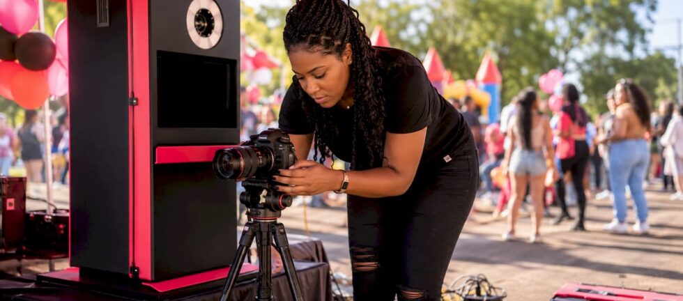 Woman setting up mobile photo booth at event