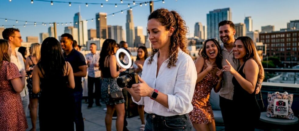 Attendant using handheld photo booth at wedding reception