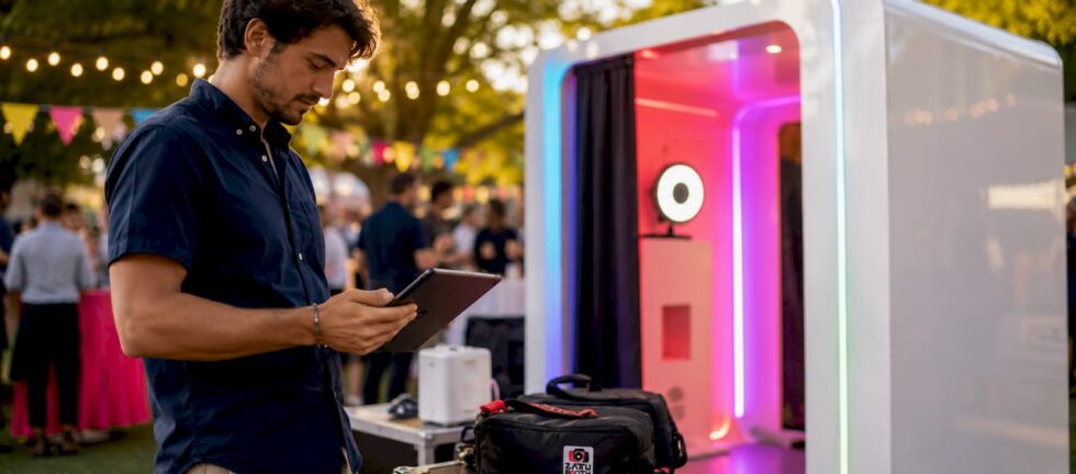 Event designer reviewing custom photo booth setup