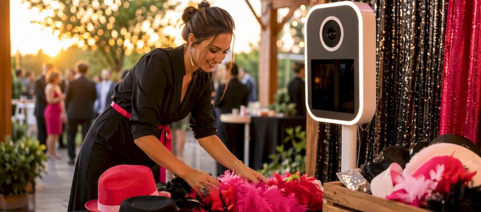 Event planner arranging venue photo booth setup