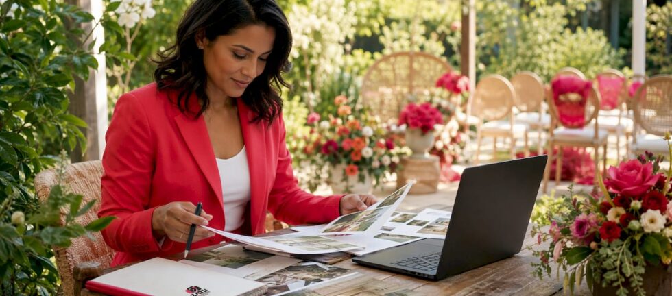 Event planner reviewing venue brochures in office