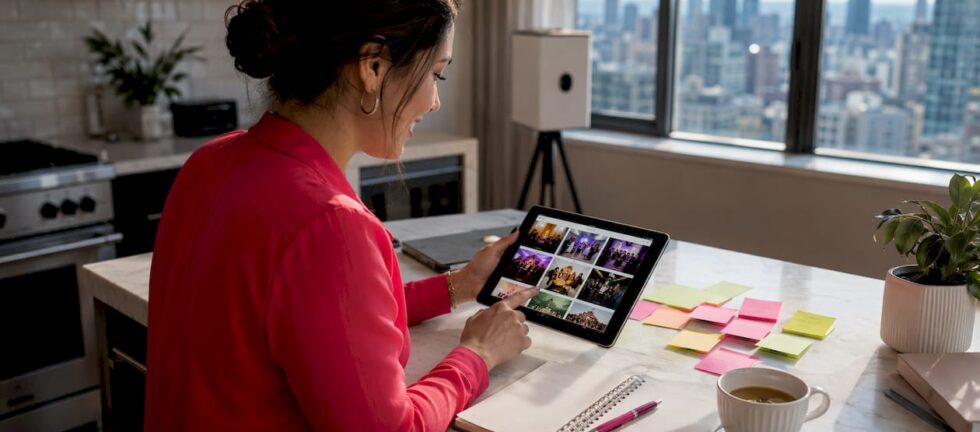 Event planner reviewing digital photo booth gallery
