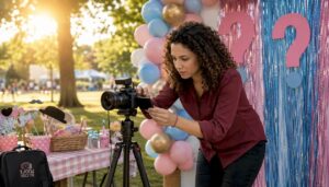 Event planner adjusting camera in photo booth