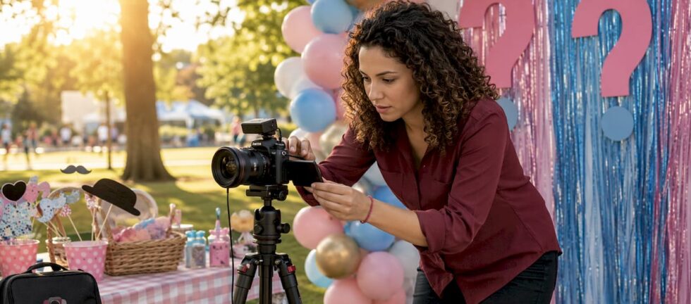 Event planner adjusting camera in photo booth