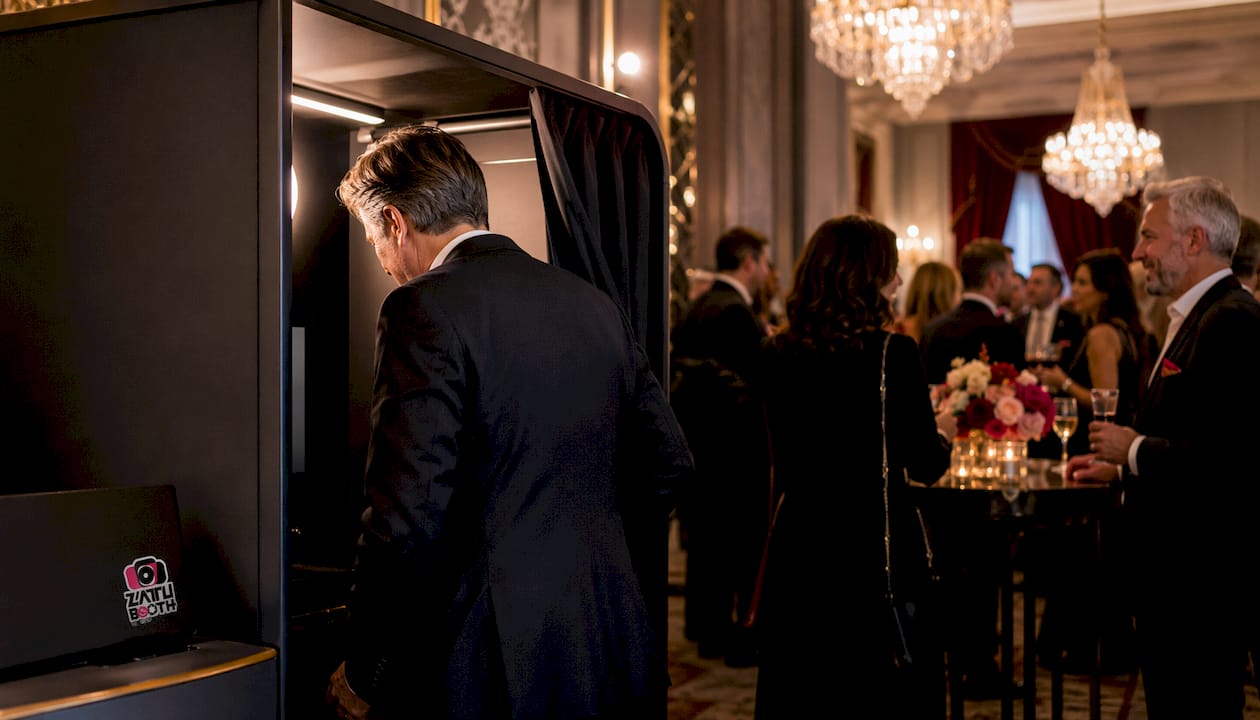 Guest entering enclosed photo booth at gala event