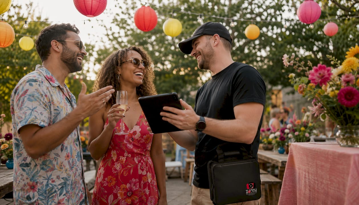 Attendant taking guest photos with iPad at wedding cocktail hour