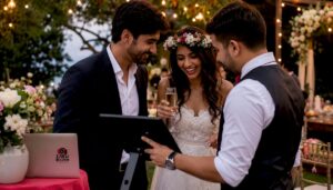 Couple engaging with wedding photo activation at reception