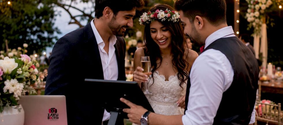 Couple engaging with wedding photo activation at reception