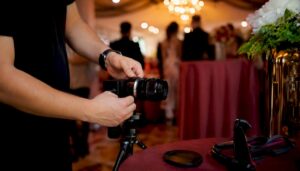 Close-up of mirrorless camera lens mount at event