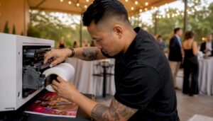 Technician loading dye-sub printer at event