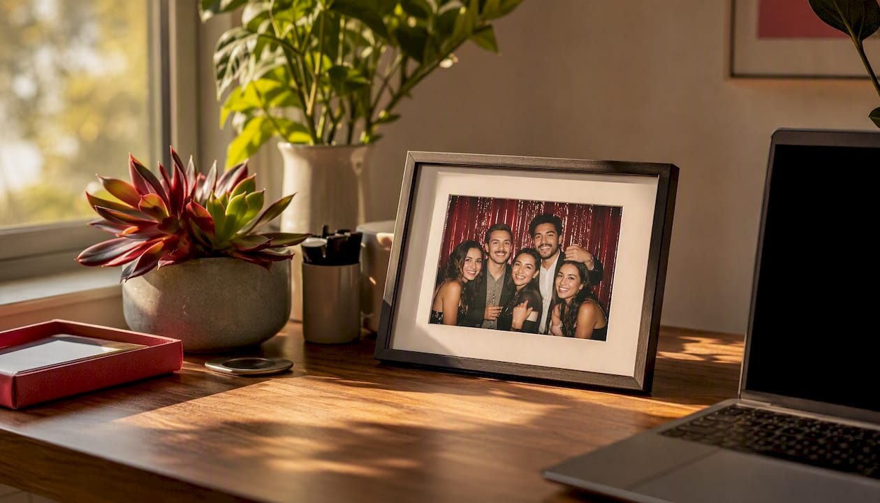 Framed photo keepsake on office desk