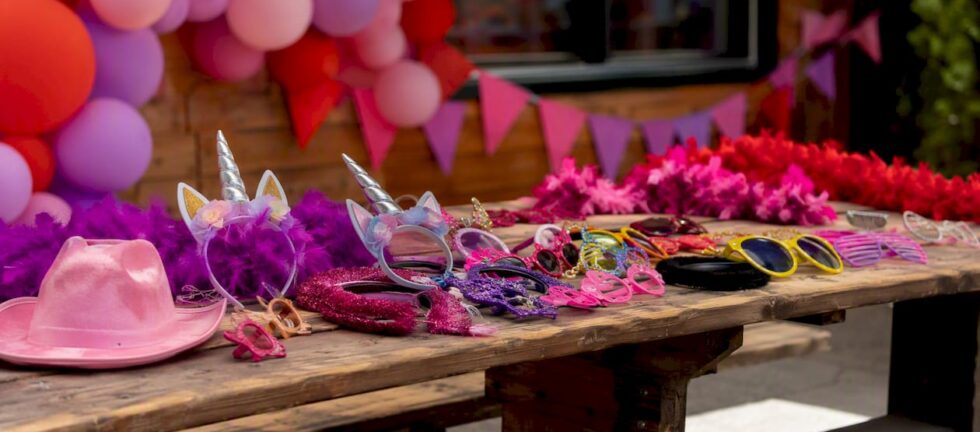 Colorful photo booth props displayed on table