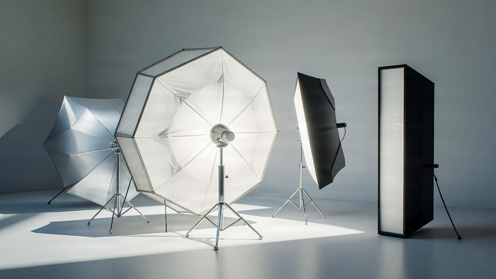 Abstract shot of professional studio lighting modifiers with soft glow